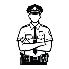 Monochrome illustration of a police officer with arms crossed wearing uniform and a cap on white silhouette