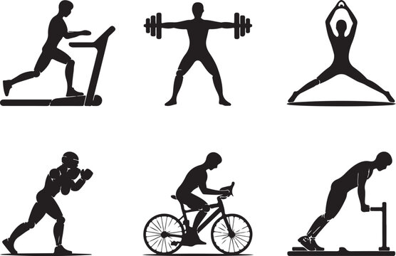 Fitness icons: running, lifting, yoga, boxing, cycling, workout