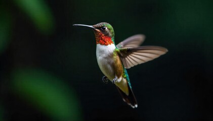 Fototapeta premium Hummingbird feeding on a bright, colorful flower in flight A high speed photograph capturing a tiny, colorful hummingbird in mid flight, its wings a blur, as it hovers and drinks nectar from a
