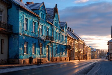 Fototapeta premium Blue buildings line a street reflecting golden light at dawn or dusk with snowy rooftops