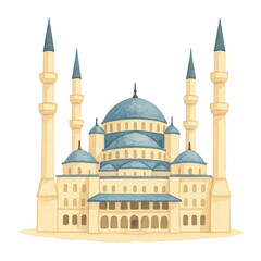 Fototapeta premium PNG Watercolor mosque with blue domes.