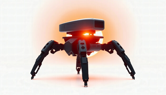 Robotic spider with glowing eyes in futuristic design against sunset  