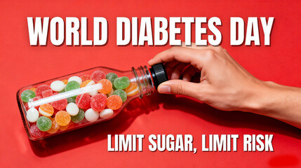 Bottles filled with candy and elements of hands represent the concept of "World diabetes Day, limit sugar and reduce risk", which is applicable to the promotion of diet for diabetes prevention.
