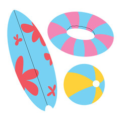 Surfboard, rubber ring, and rubber ball on a White background, vector illustration.