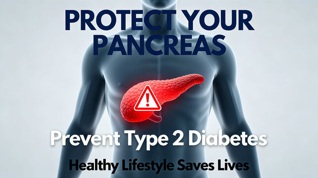 Human pancreas, warning sign element, "Protect pancreas, prevent type 2 diabetes, and live a healthy life to save lives", applicable to the publicity of diabetes prevention and healthy life.
