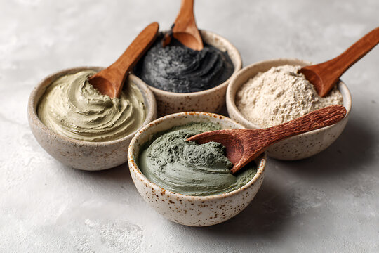 Nourishing clay masks in ceramic bowls with wooden spoons, promote radiant skincare, deep cleansing, perfect for spa day promotions and wellness brands