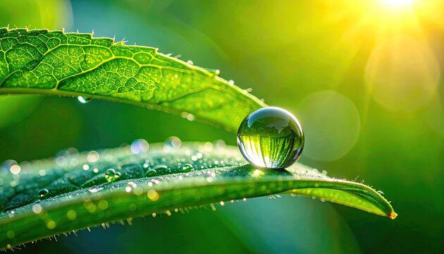 Close up macro shot of a single dew drop on a vibrant green leaf catching the bright morning sun rays with golden lens flare in a lush garden