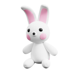 White Fluffy Rabbit Stuffed Animal Toy with Pink Accents Sitting Down with Black Eyes and Pink Cheeks on a Transparent Background Ideal for Childrens Themes and Easter Celebrations