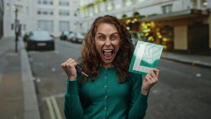 Woman celebrating holding car keys and learner sign on a city street, expressing joy for passing driving test.