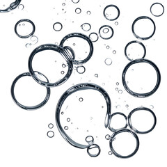 Several clear, shiny bubbles and smaller droplets float against a black background