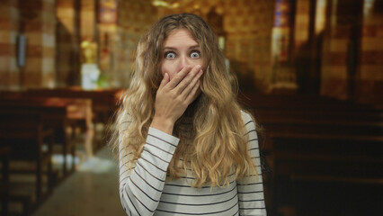 Woman covers hand over her mouth as she looks surprised inside a church with a blonde young happy interior face during celebration.
