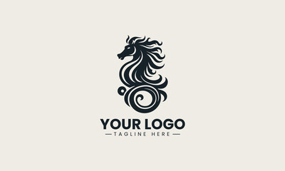 Elegant black vector logo illustration of a majestic stylized sea horse with a beautiful flowing tail creating a dynamic marine symbol