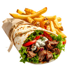 Close-up of a wrapped sandwich, fries, and ingredients, ready to eat