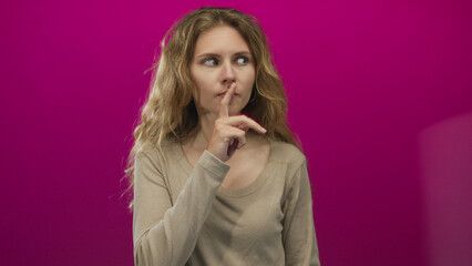 Woman finger shushing studio blonde young lips pink gesture silence poster evokes quiet mystery.