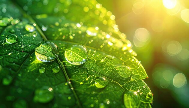 Close up Macro Photography of a Vibrant Green Leaf Covered in Dew Droplets Reflecting Golden Sunlight with Cinematic Warm Autumn Tones