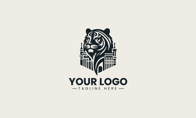 Powerful black vector logo illustration fusing a fierce tiger head with classical column architecture creating a strong corporate symbol