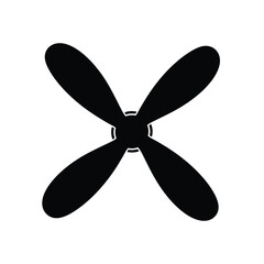 A minimalist illustration of a black four bladed fan against a stark white background design element silhouette