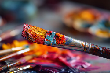 Fototapeta premium Vibrant paintbrush loaded with colorful paint ready to create masterpieces, inspiring creativity and artistic expression for visual arts projects