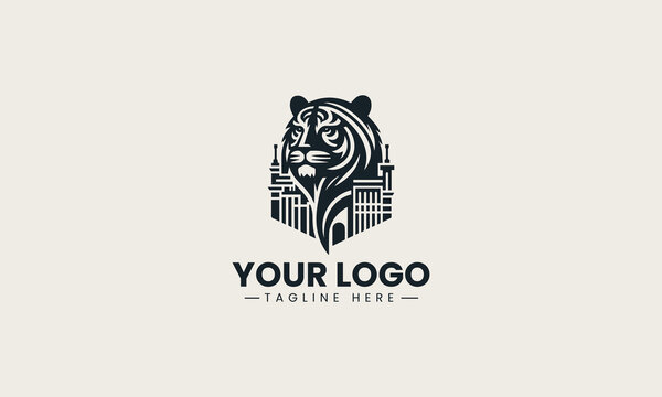Powerful black vector logo illustration fusing a fierce tiger head with classical column architecture creating a strong corporate symbol