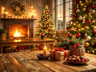 Cozy christmas living room with fireplace, decorated tree, and gifts on a wooden table