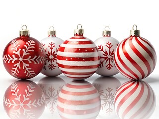 Set of red and white striped and snowflake patterned christmas baubles isolated on white background