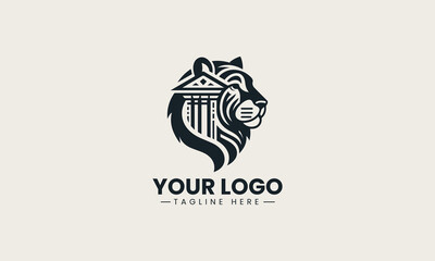Powerful black vector logo illustration fusing a fierce tiger head with classical column architecture creating a strong corporate symbol