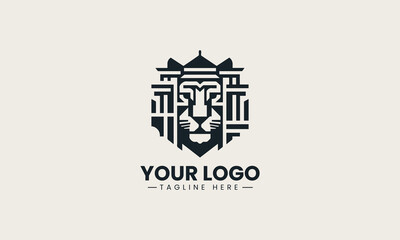 Obraz premium Powerful black vector logo illustration fusing a fierce tiger head with classical column architecture creating a strong corporate symbol