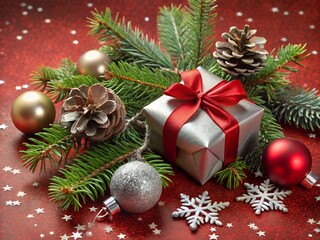 Christmas gift box with red ribbon and pine cones on a festive background with snowflakes and ornaments
