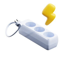 White electrical extension cord with three sockets and a yellow lightning bolt symbol on a transparent background representing power and energy