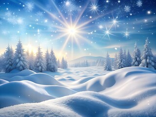 Magical winter landscape with snowcovered trees, rolling hills, and a bright starburst sun at sunrise