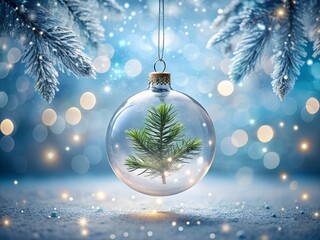 A clear glass christmas ornament with a small green pine tree inside, hanging in a snowy winter scene with bokeh lights