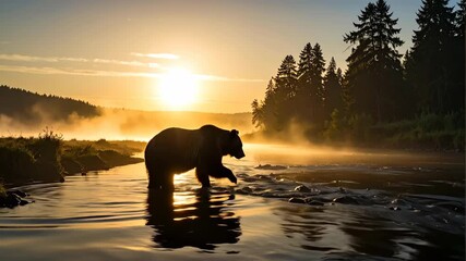 Majestic Grizzly Bear Silhouette in a Misty River at Sunrise. - Powered by Adobe