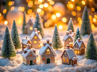 Charming miniature village with snowcovered houses and twinkling christmas lights in a festive winter scene