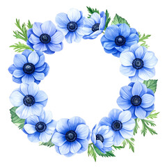 Watercolor wreath of vibrant blue flowers and green leaves on a transparent background