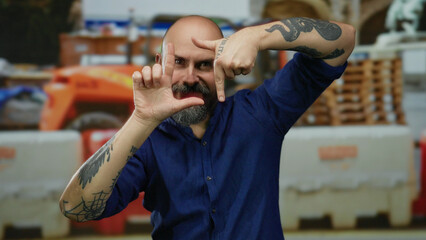 Man with tattoos framing face at construction site creates dynamic expressions in a blue shirt, showcasing bald head and beard amid industrial backdrop.
