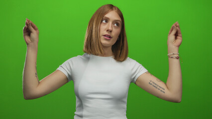 Blonde woman hands making air quotes gesture and mocking expression in green screen studio; sarcasm...