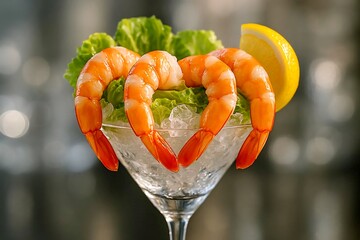 A crystal clear cocktail glass filled with large peeled and perfectly cooked prawns.