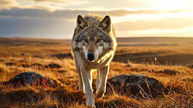 Majestic gray wolf walking through a golden field at sunset.