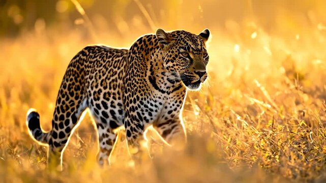 Majestic Leopard Walking Through Golden Savanna Grass at Sunset.