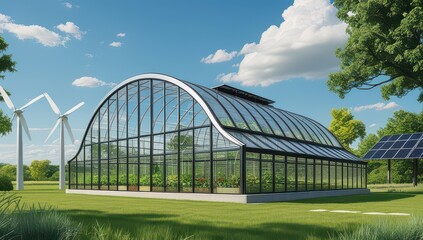 Obraz premium Modern greenhouse with solar panel and wind turbine on a sunny day