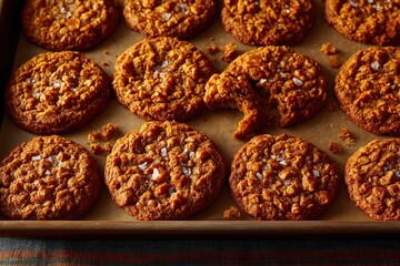 Baked caramelized cookies with sea salt on parchment in a rustic kitchen creating a warm culinary experience evoking nostalgia and comfort in a charming gastronomic environment
