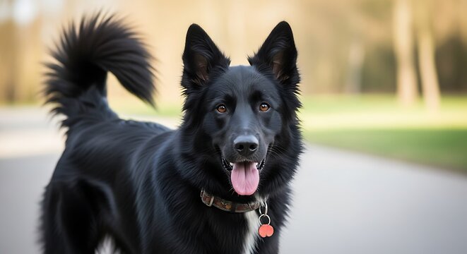 Alert Black Dog Standing on Pavement with Tongue Out.