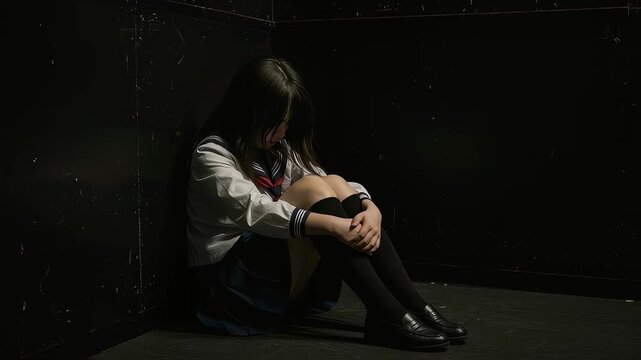 暗い部屋の隅で膝を抱え込み、孤独や深い悲しみに耐えているセーラー服の女子高校生