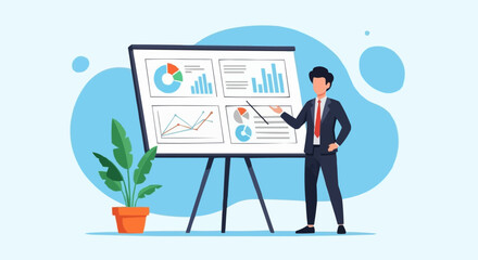 Fototapeta premium Businessman presenting financial data on a whiteboard.
