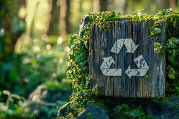 A wooden post displays a recycling sign surrounded by vibrant greenery and sunlight filtering through the trees