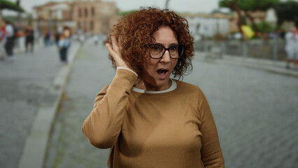 Woman listening intently on a bustling city street, showcasing curiosity and engagement in an urban outdoor setting with diverse background elements.
