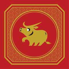 Illustration ox zodiac animal symbol with red and gold chinese animal culture
