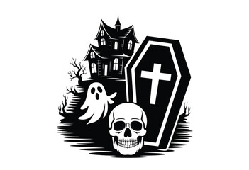 Spooky halloween illustration vector graphic featuring haunted house coffin ghost and skull scalable eps silhouette vector illustration white background