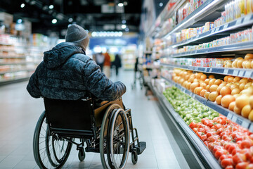 Obraz premium Individual in a wheelchair examines fresh fruits and vegetables on display in a busy supermarket during a bright day