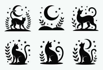 Obraz premium Set of six elegant silhouette illustrations featuring cats moon and stars for vector graphics eps format silhouette vector illustration white background